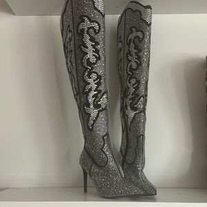 Black and Silver western Knee-High Boots